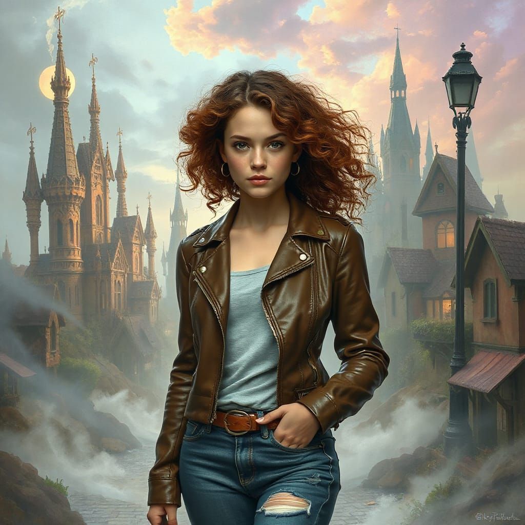 Mystical Cityscape Goddess in Leather Jacket