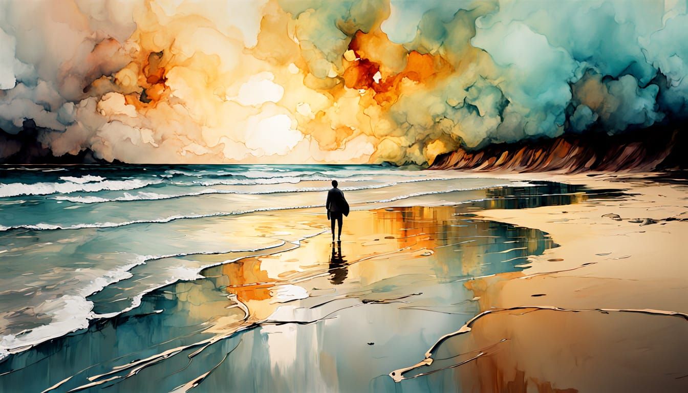 Surfing Sunset on Australian Beach in Expressive Ink Art