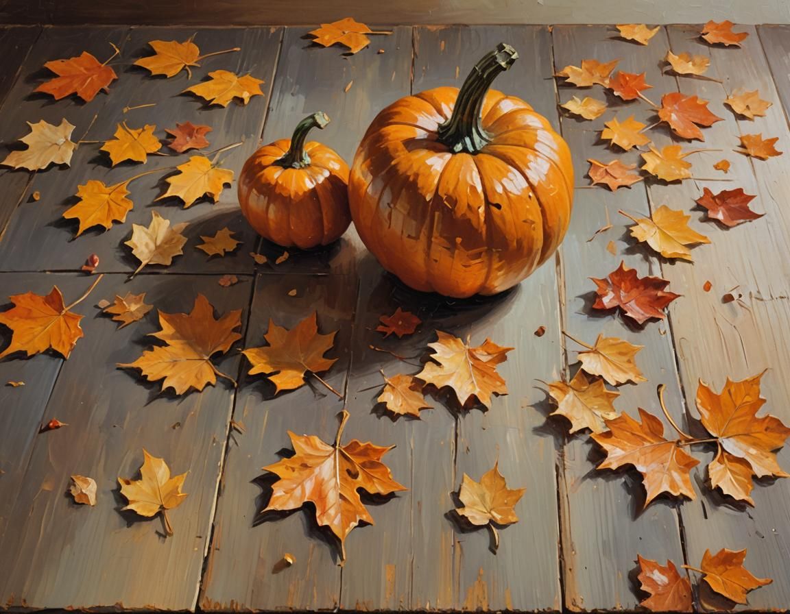 Impressionist Still Life: Pumpkin and Autumn Leaves
