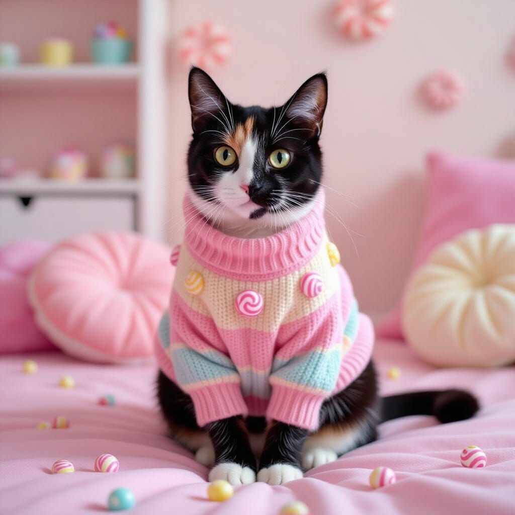 Calico Cat in Candy Sweater in Sweet Room
