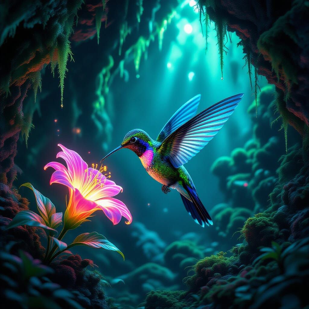 Bioluminescent Hummingbird in Mystical Grotto