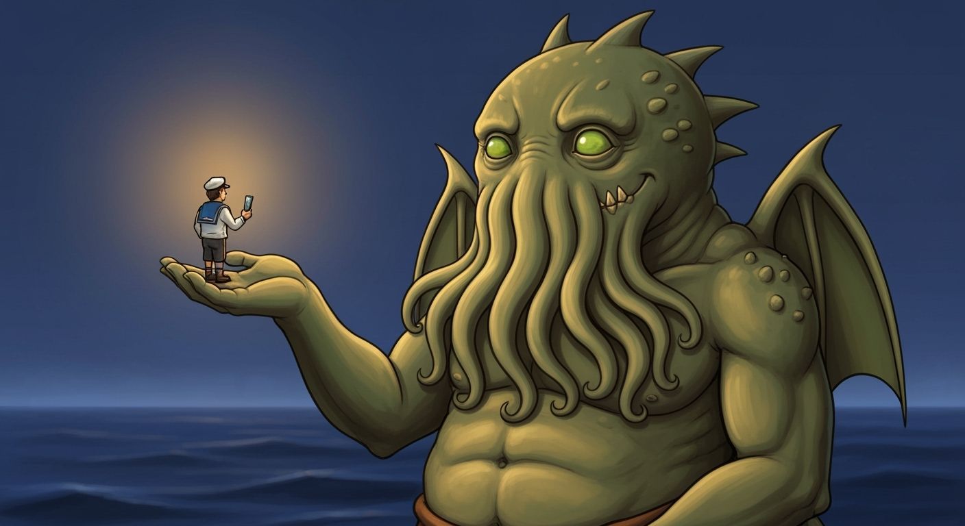 Friendly Cthulhu Holding Tiny Sailor in Hand