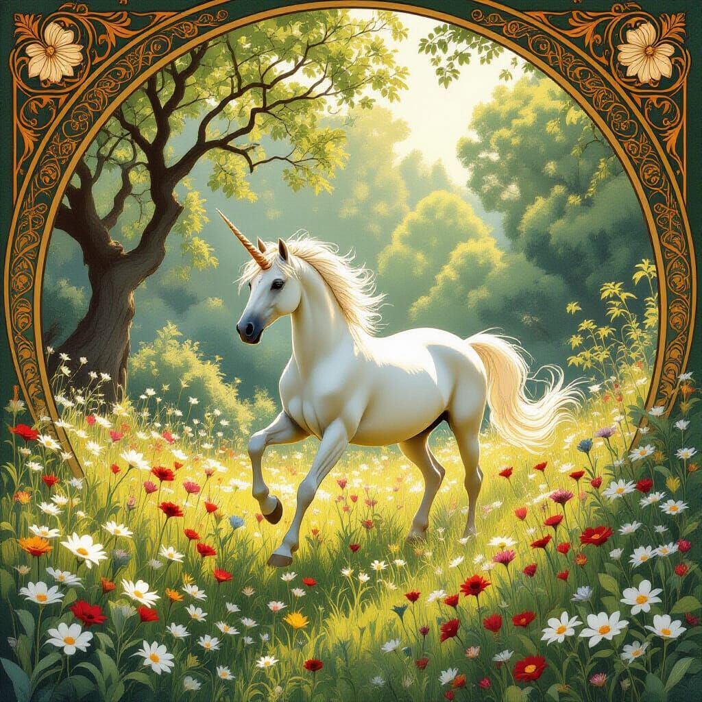 Unicorn in Hidden Garden, Art Nouveau Style