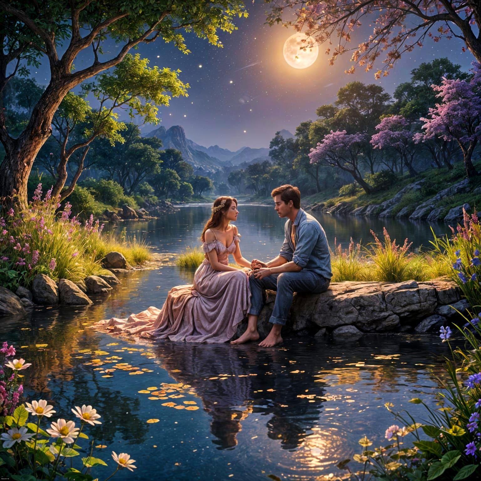 Romantic Couple Under Moonlight: Fantasy Matte Painting