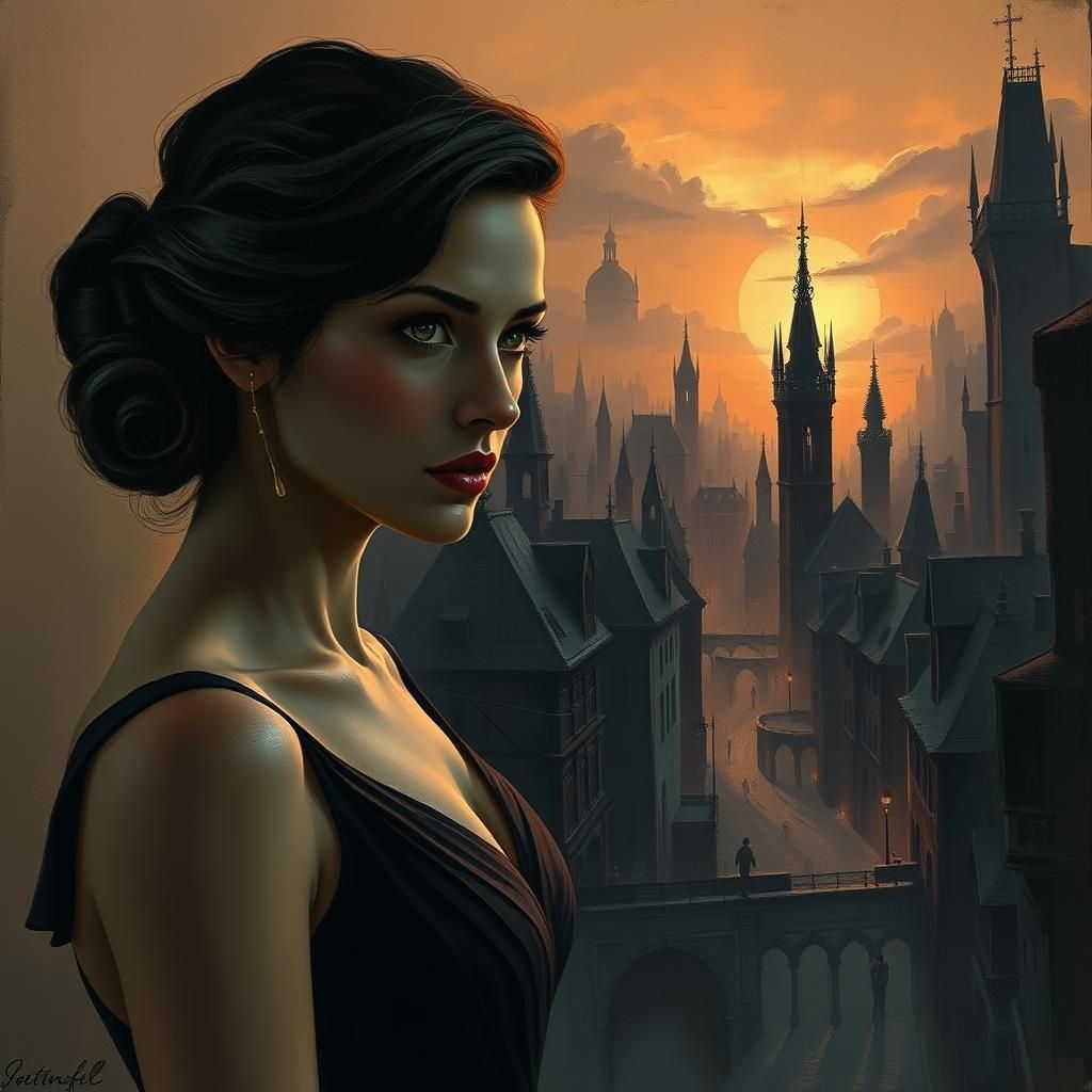 Elegant Woman Gazing at Gothic Dreamscape