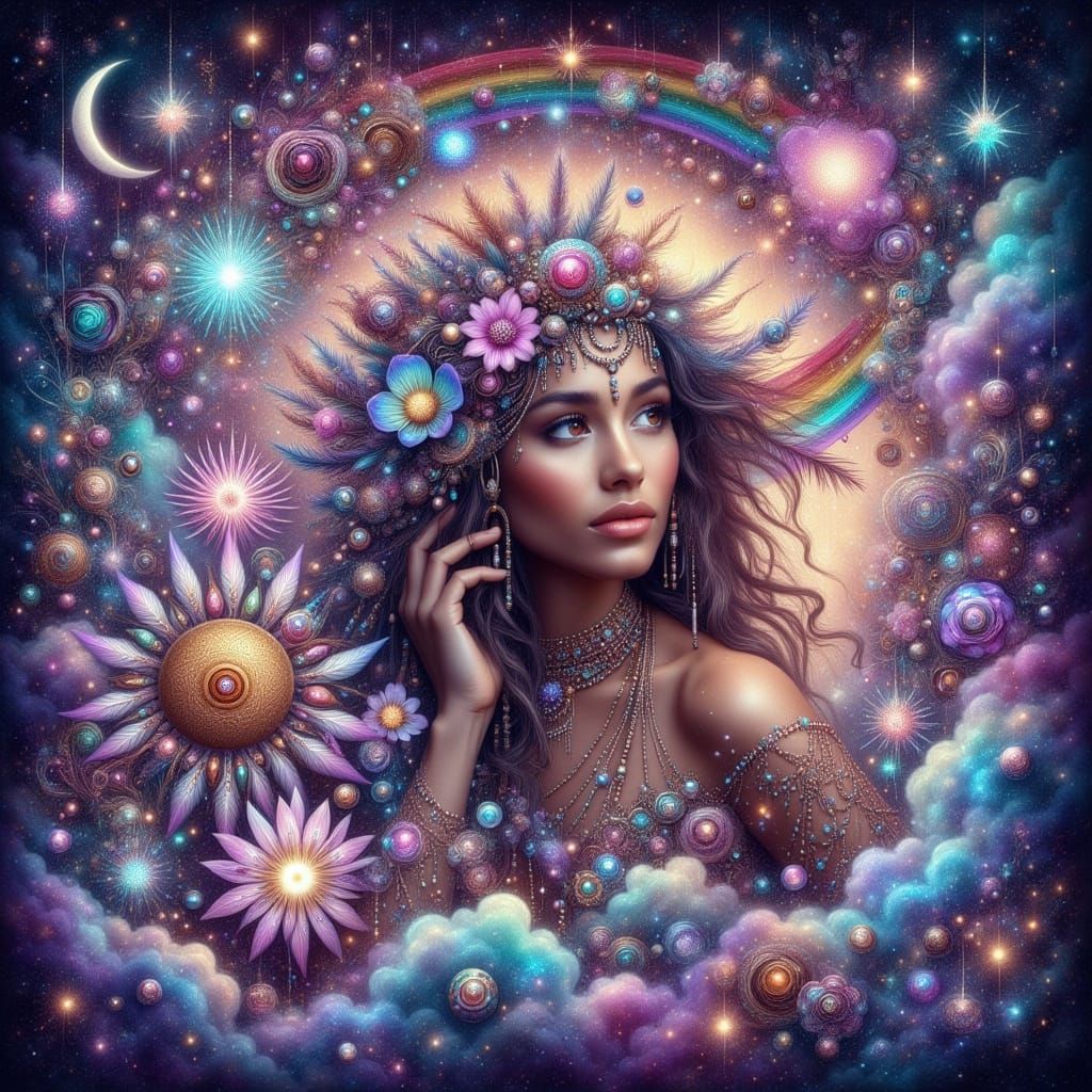 Whimsical Cosmic Goddess Radiates Rainbow Light
