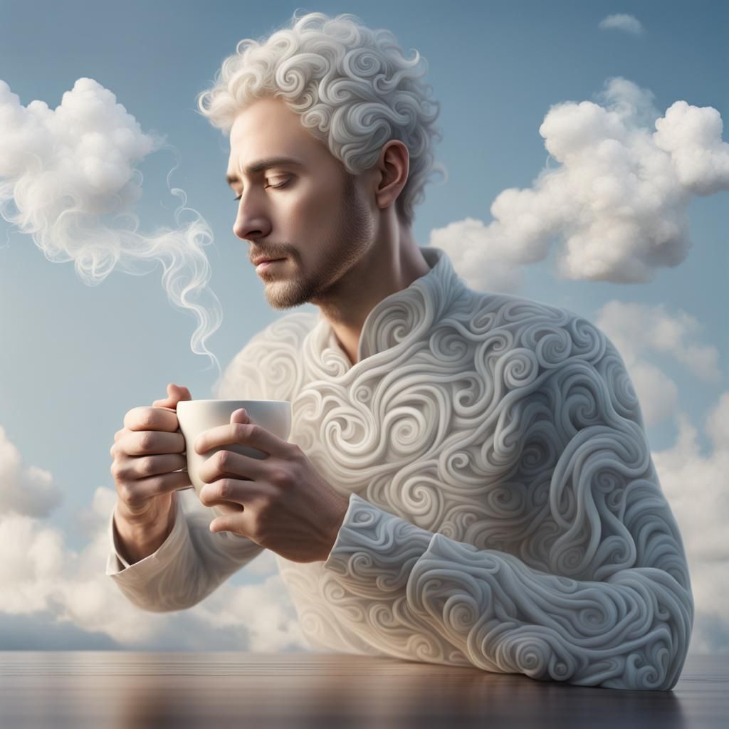 Cloud Man with Tea: Serene Intricate Design