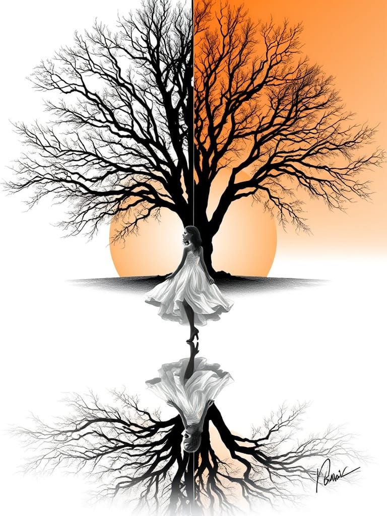 Monochrome Woman Under Tree with Gradient