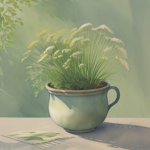 Botanical Watercolor of Fennel in Pot