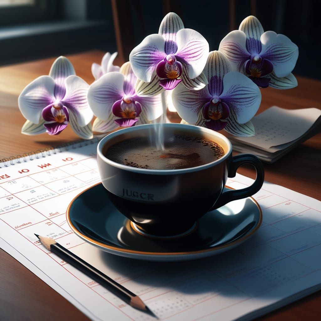 Coffee, Orchids, and Calendar in Art Nouveau Style