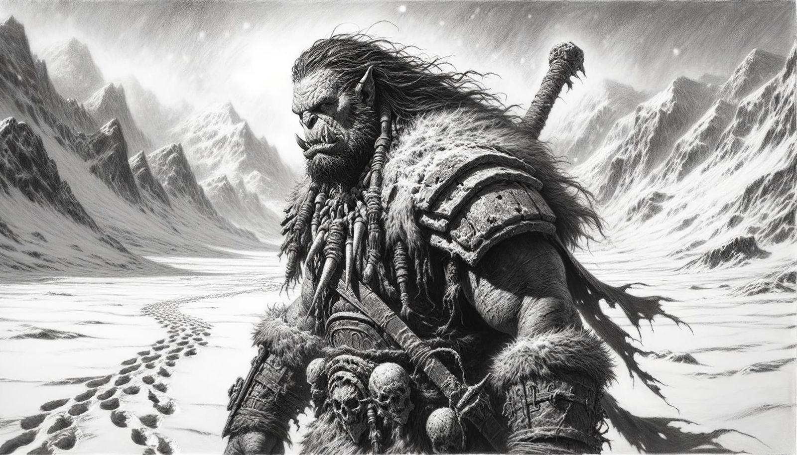 Orc Warrior Strides Through Frozen Tundra: Charcoal Drawing