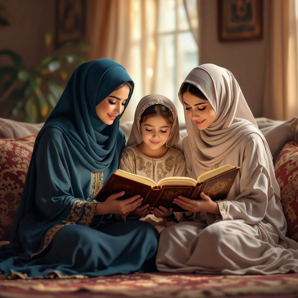 Muslim Family Reading Quran with Golden Accents