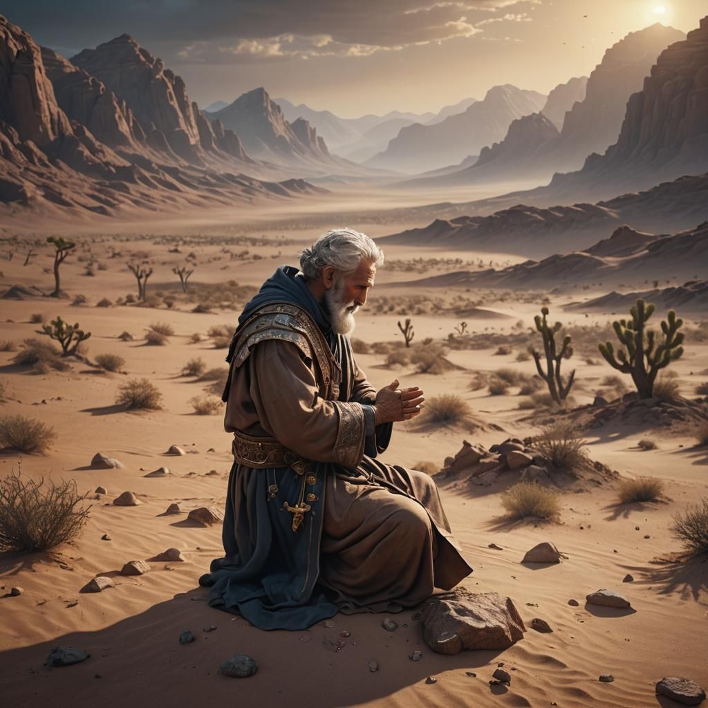 Abraham Praying in Desert Landscape: Detailed Matte Painting