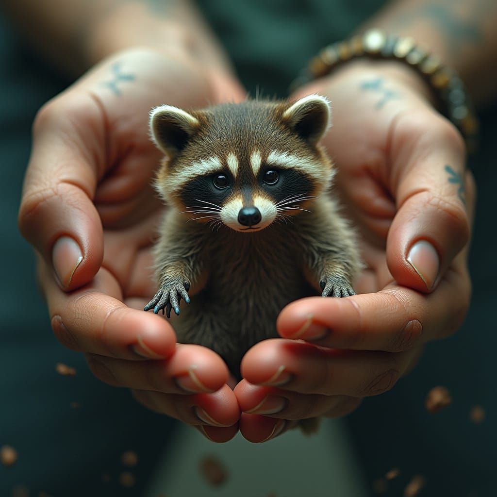 Raccoon's Fate: Miniature Struggle in God's Hands