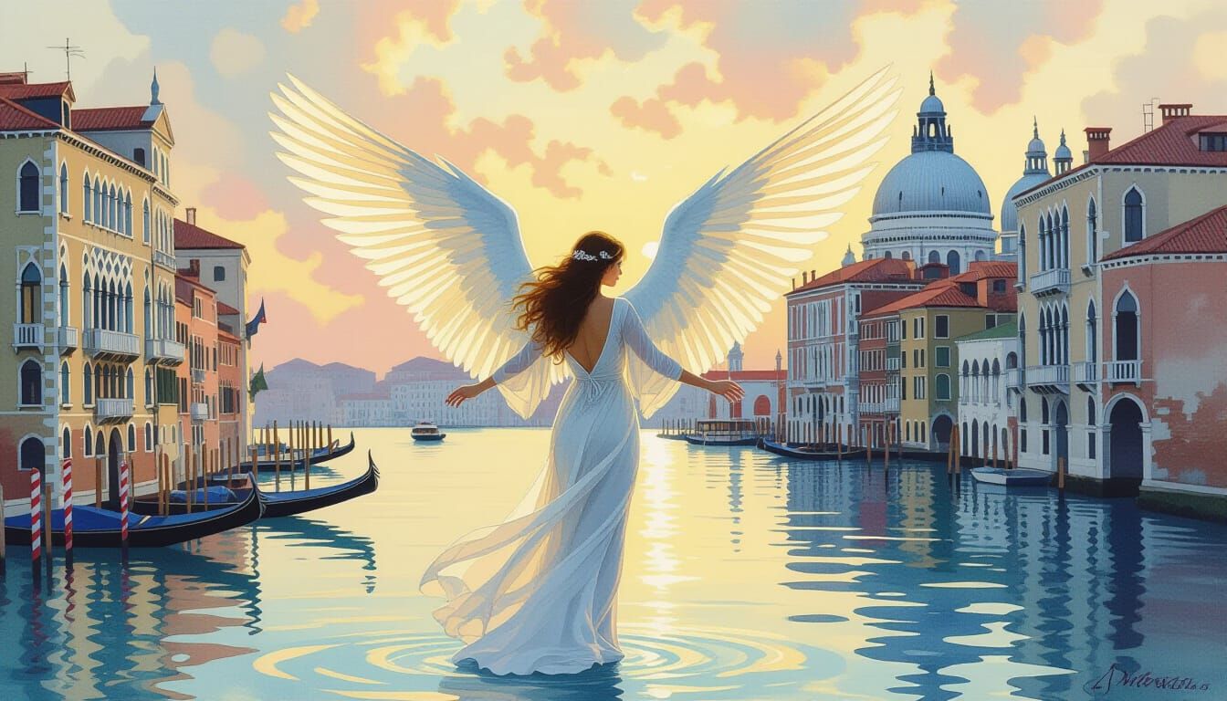 Angel with Wide Wings in Dreamy Venice Landscape