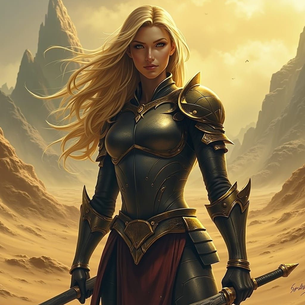 Female Warrior in Desert Landscape, Gritty Realism