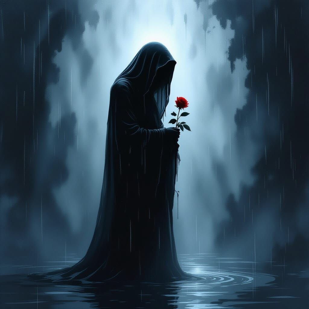 Weeping Angel Silhouette in Rainy Dark Fantasy Style