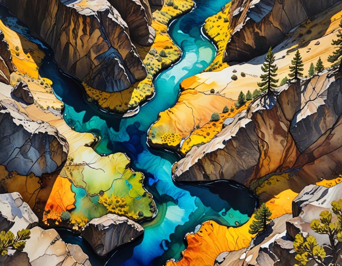 Alcohol Ink Painting of Snake River Gorge