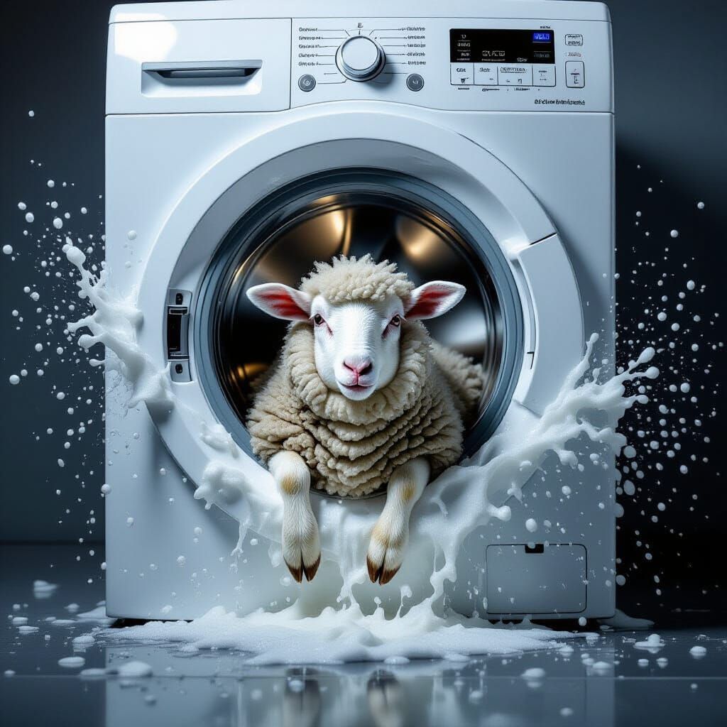 Lion in a Santa Hat Inside a Washing Machine