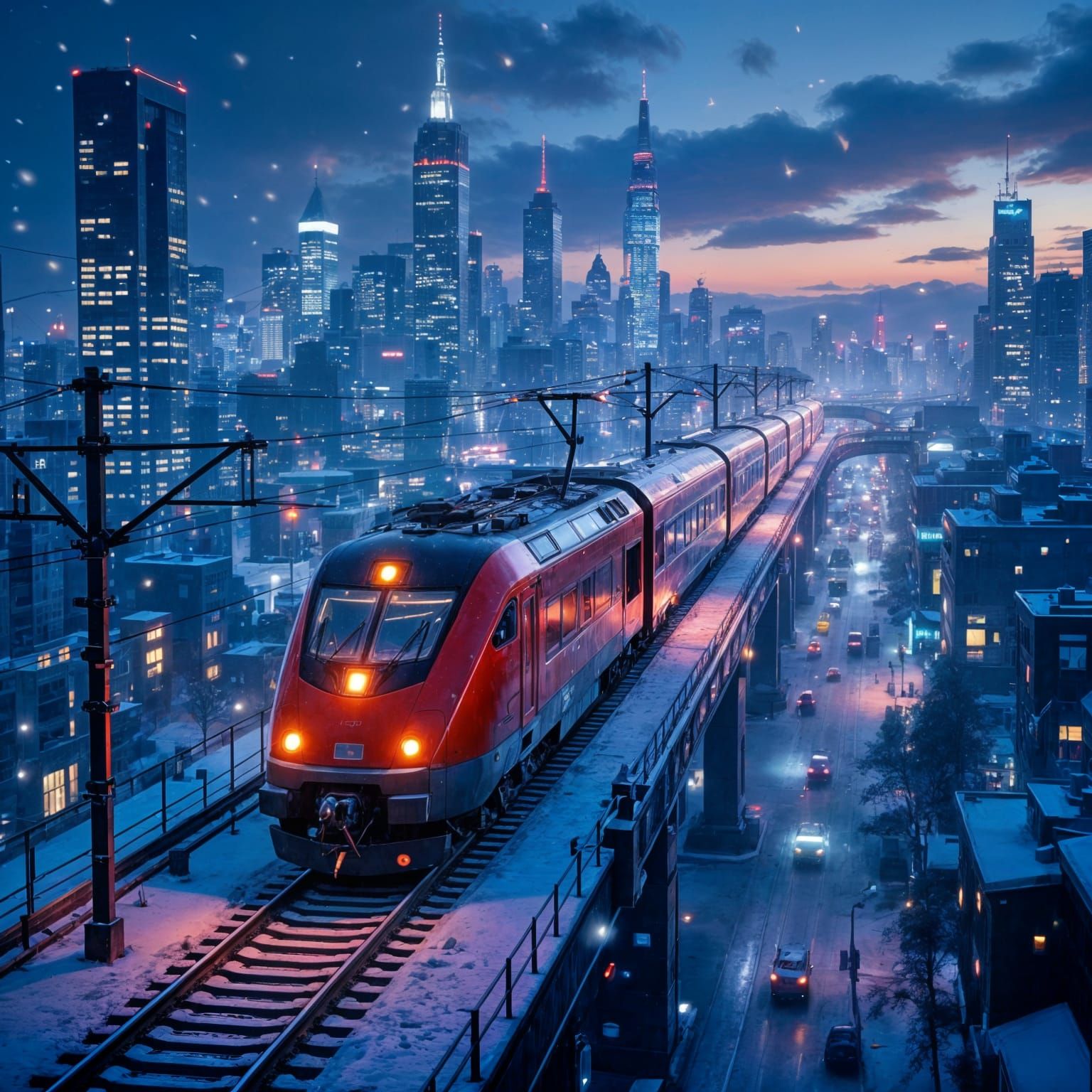 Futuristic Train Glides Through Snowy Cityscape at Twilight