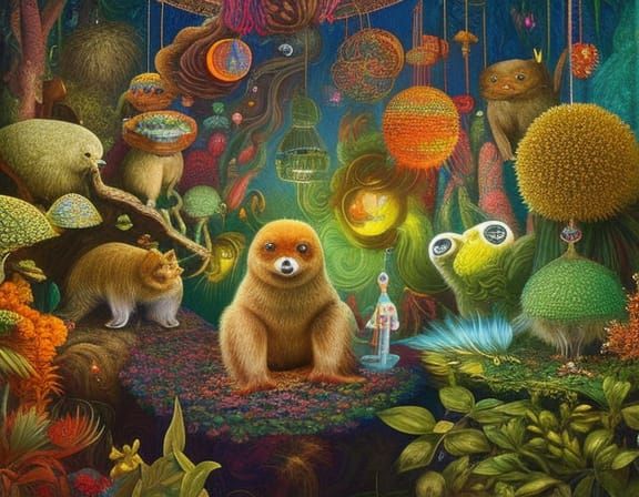 Sloth's Psychedelic Woodstock Party in Surreal Art Style
