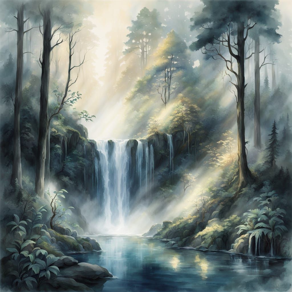 Mysterious Waterfall in a Glowing Foggy Forest