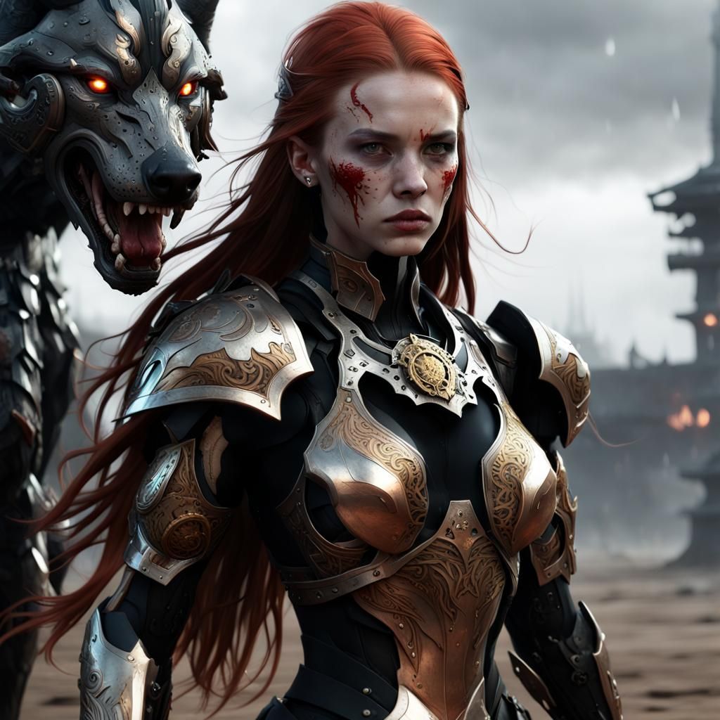Armored Girl Riding Wolf on Battlefield