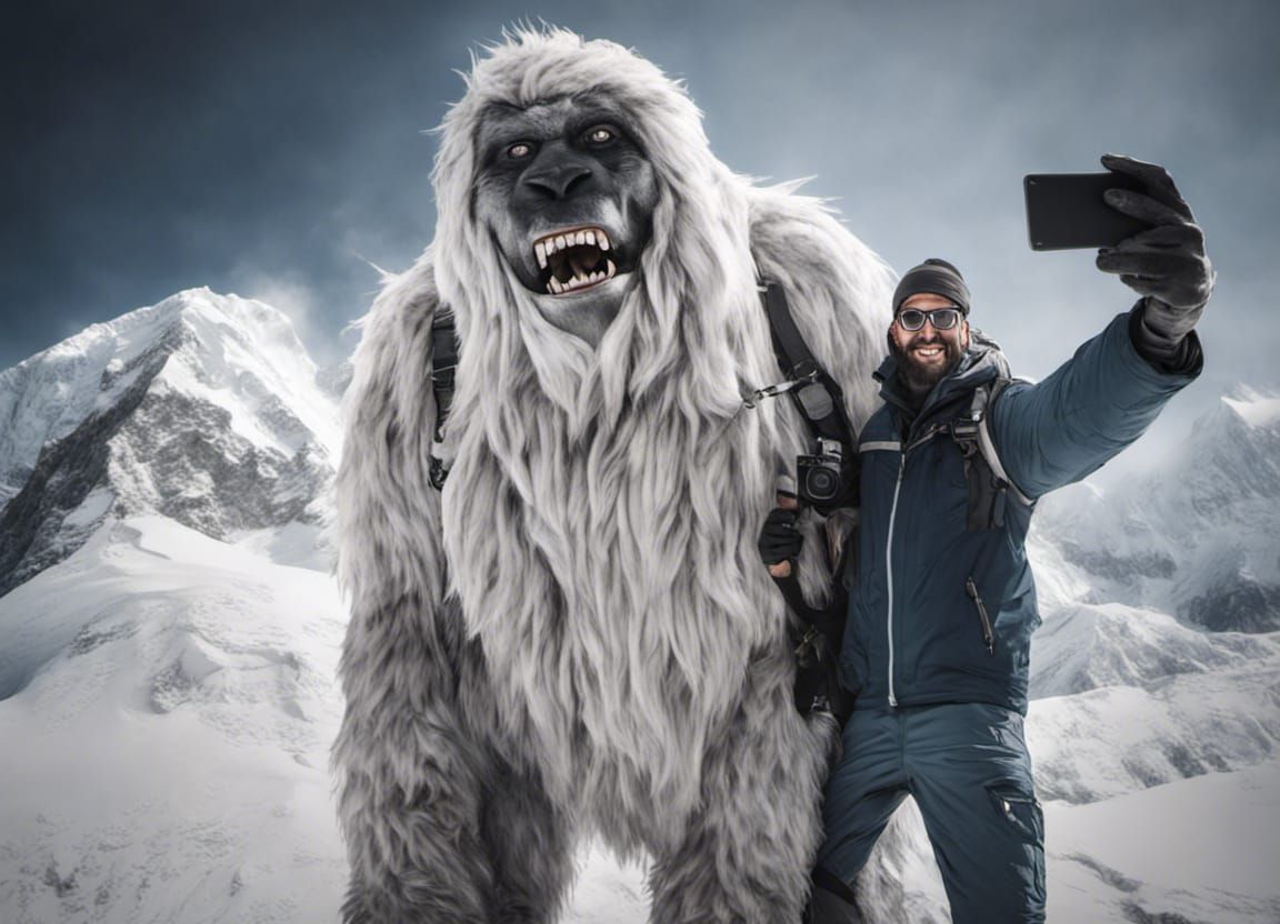 Mountaineer and Yeti Selfie on Everest in HDR