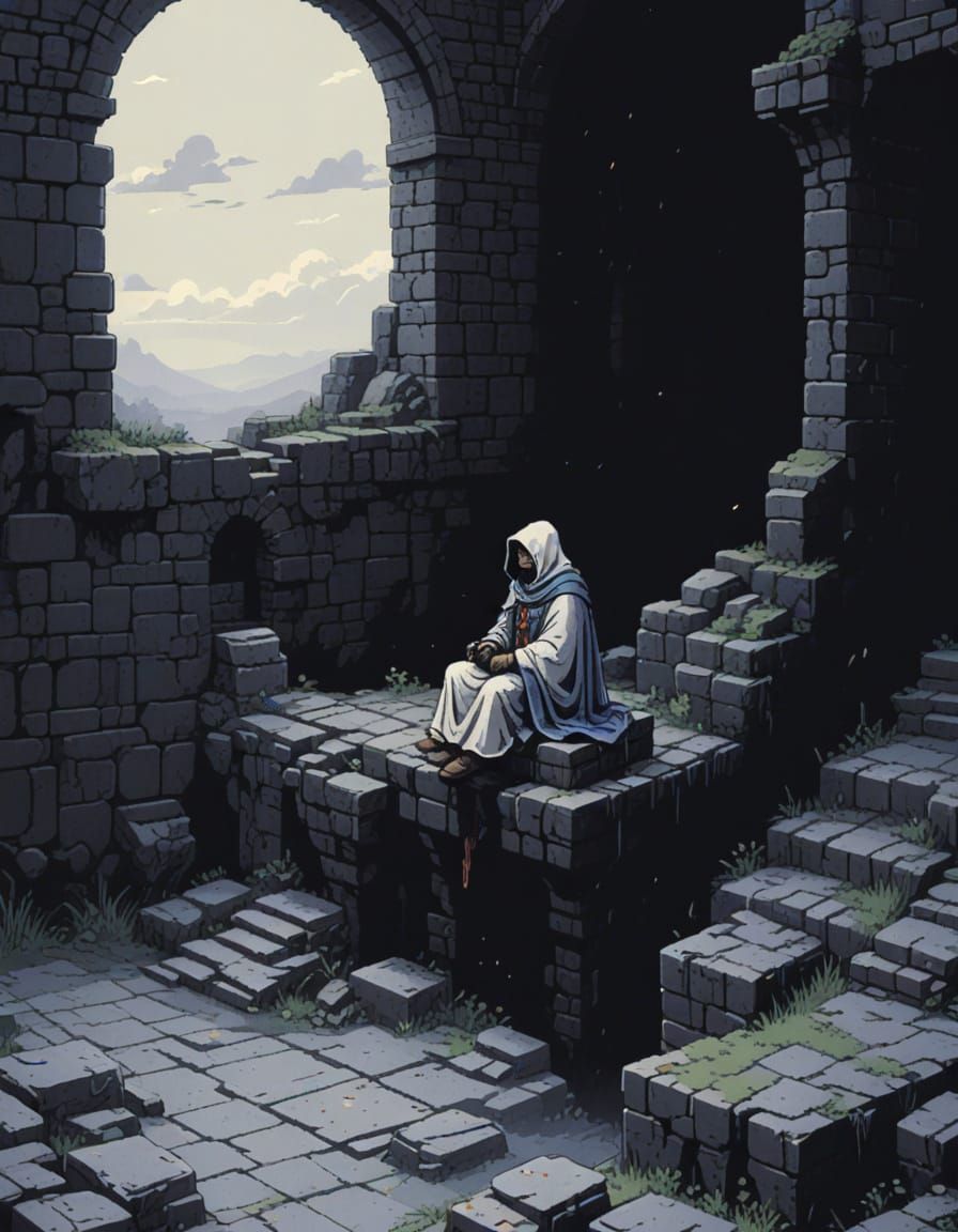 Pixelated Castle Ruins in Dark Fantasy Style