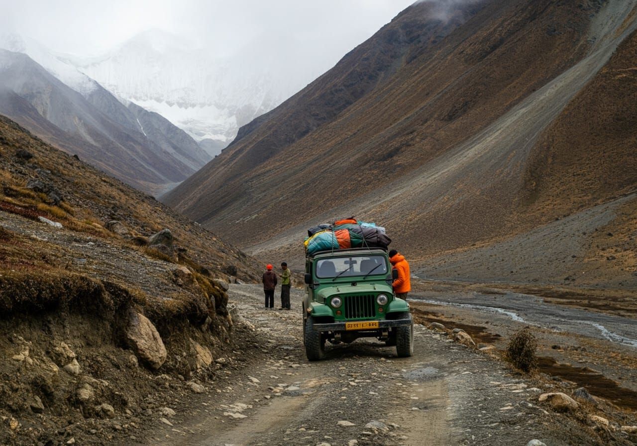 Green Jeep on Mountain Road in Misty Landscape