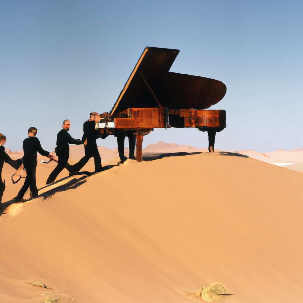 Surreal Piano Movers in Desert Landscape