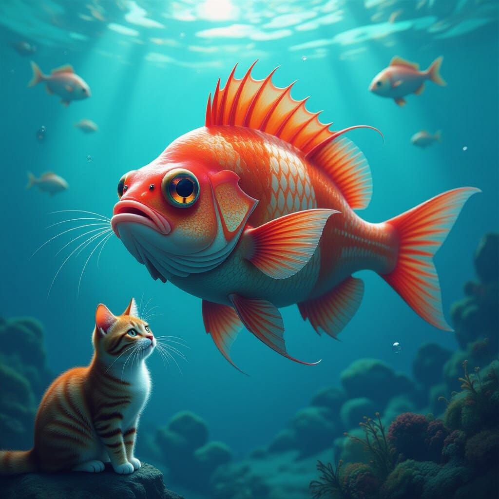 Feline-Fish Hybrid in Surreal Futuristic Landscape