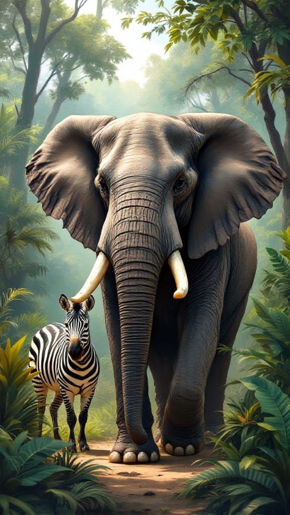 Majestic Elephant Stands Beside Zebra in Lush Amazon Rainfor...