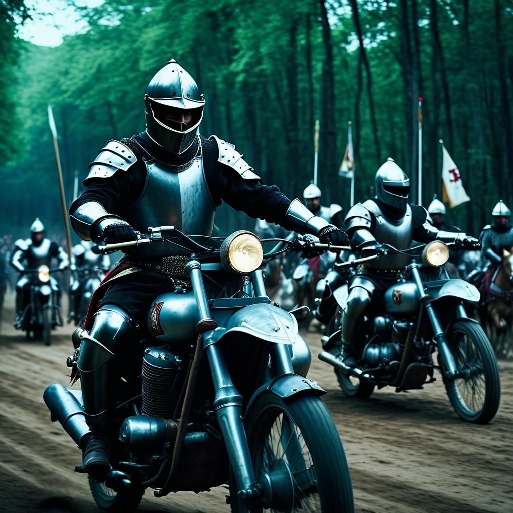 Medieval Knights Jousting on Motorcycles: Cinematic Still