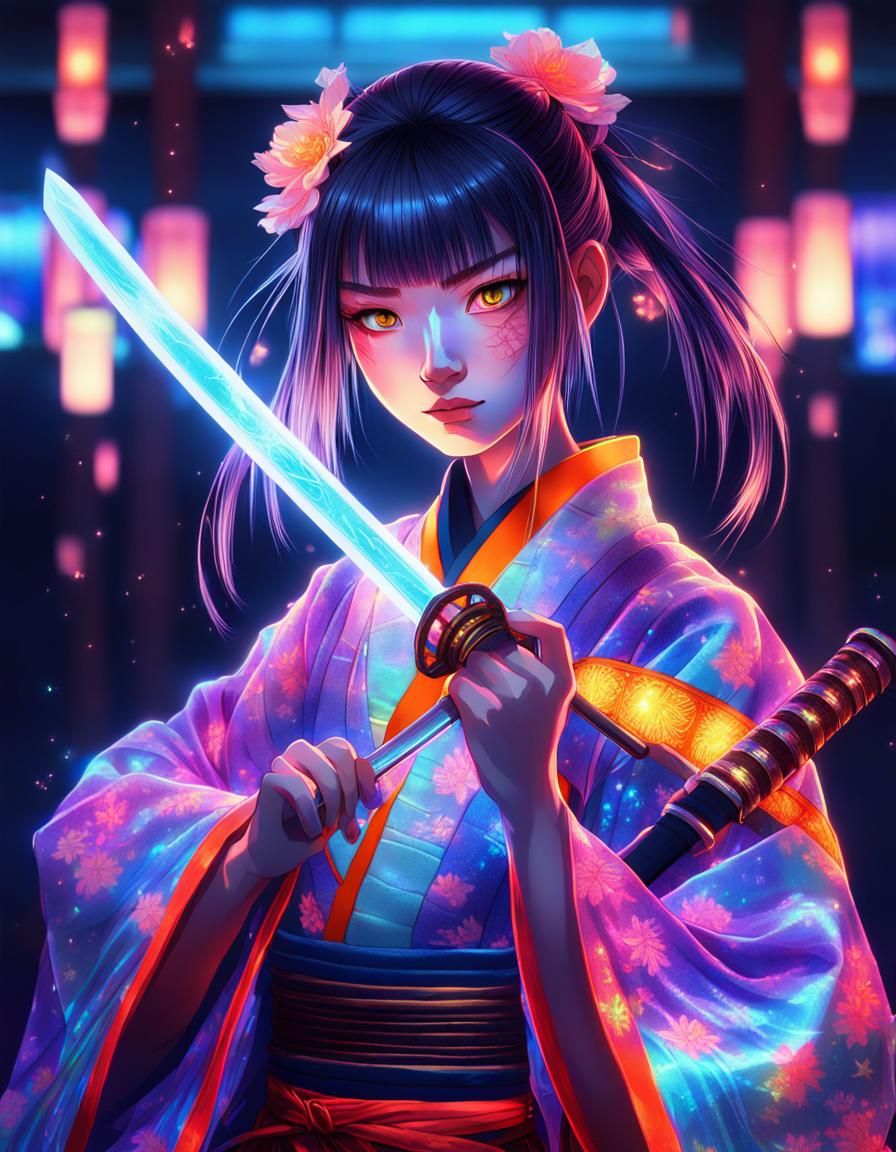Cybernetic Samurai Girl with Neon Katana in Anime Style