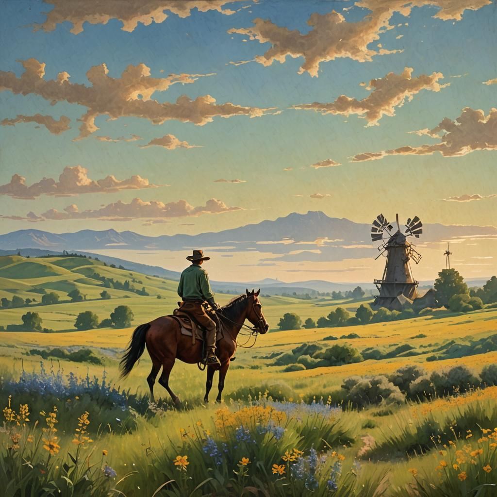 Cowboy Rides Through Wildflower Meadow in Golden Light