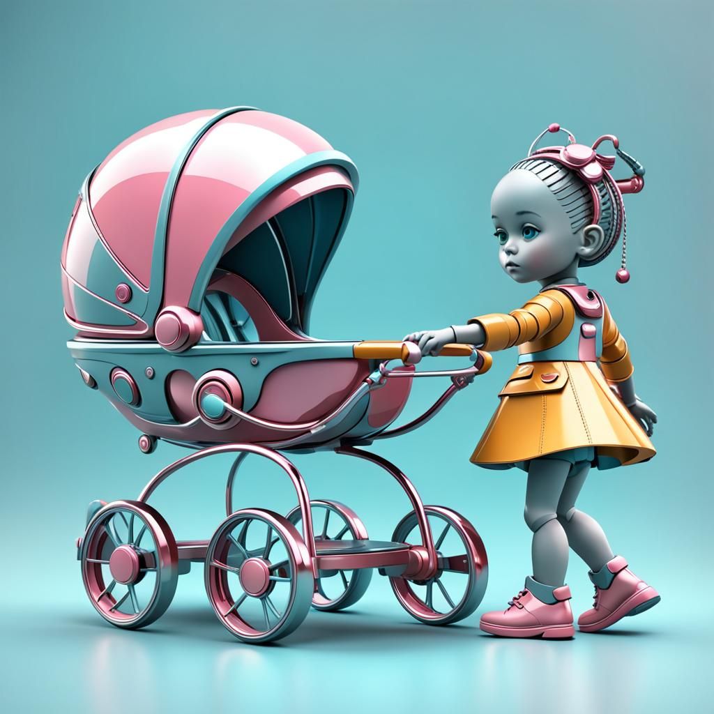 Futuristic 3D Pram with Humanoid Girl