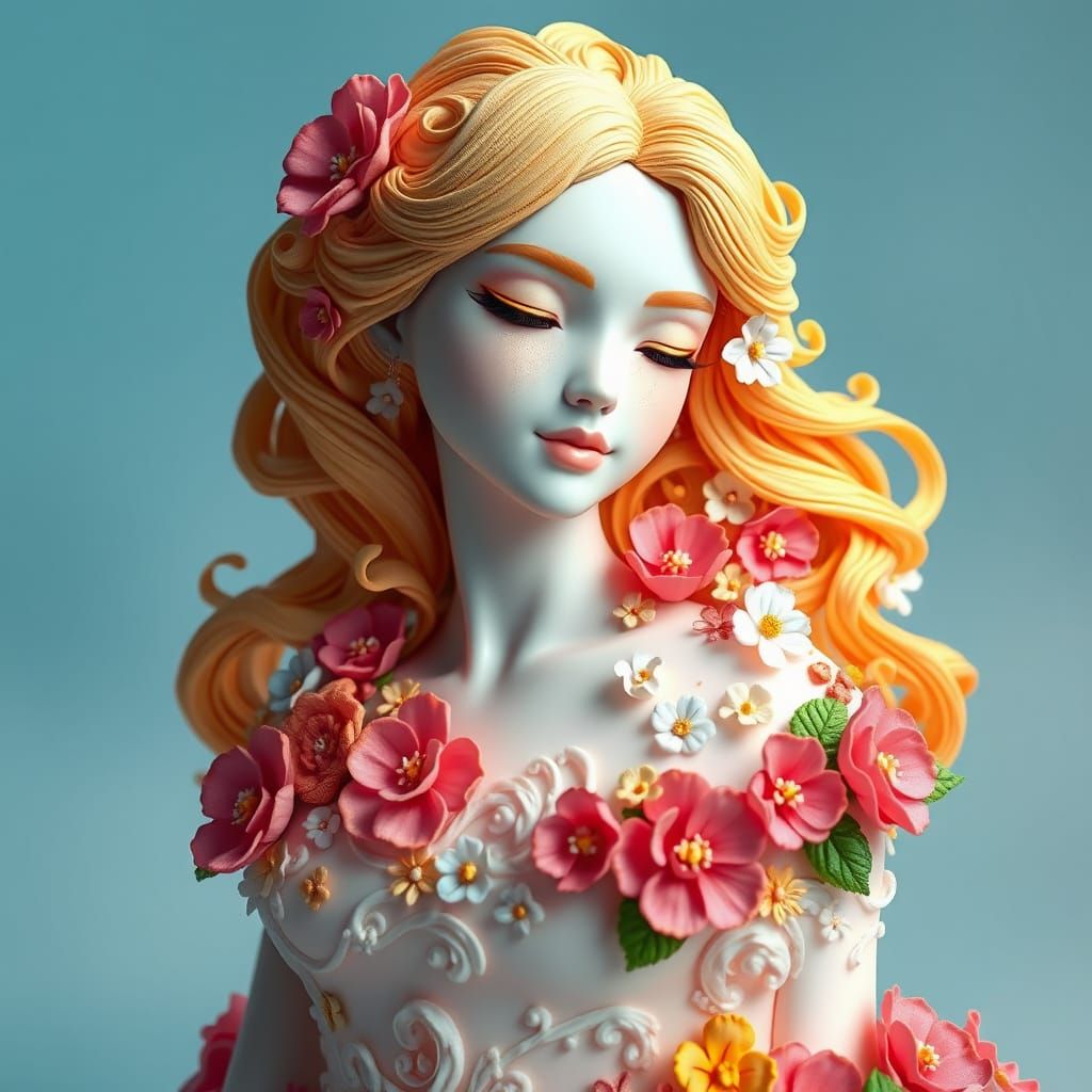 Elegant Cake Sculpture of a Woman in 3D Anime Style