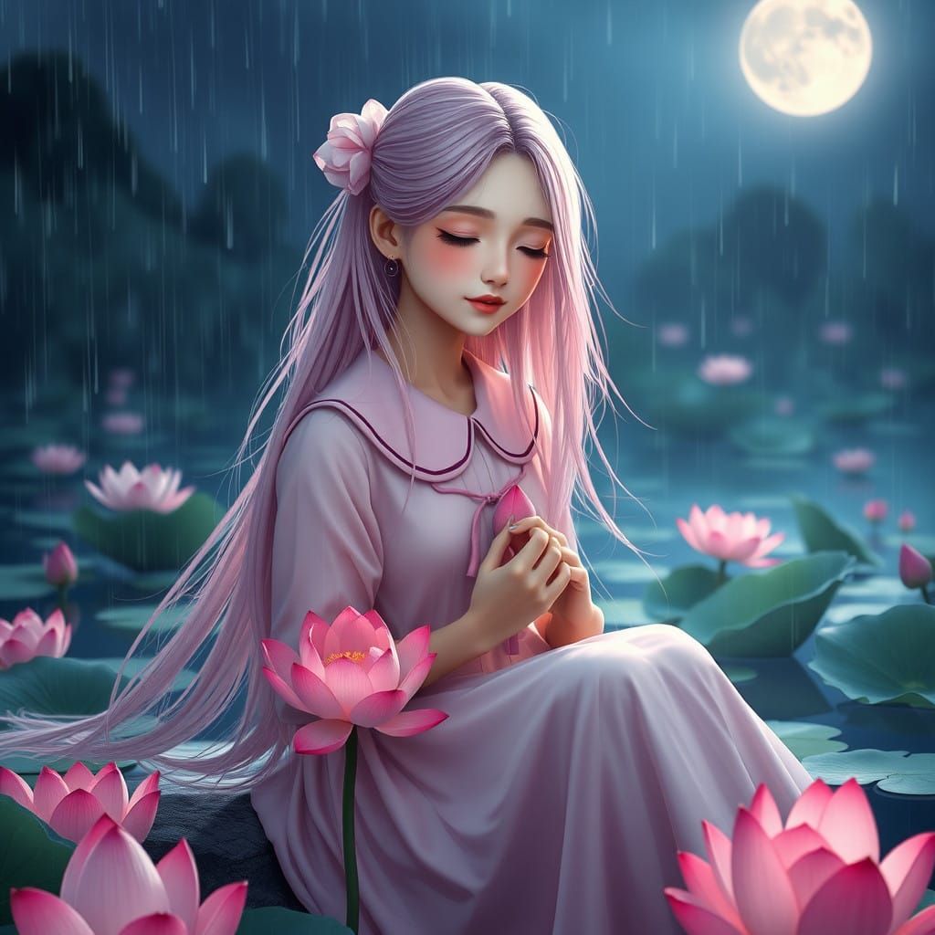 Serenely Adorned Girl Amidst Moonlit Lotus Lake
