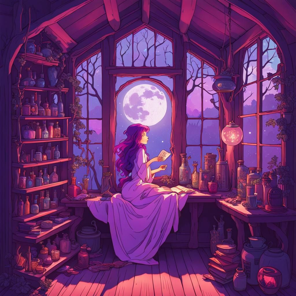 Witch's Studio in Blown Glass, Alphonse Mucha Vaporwave