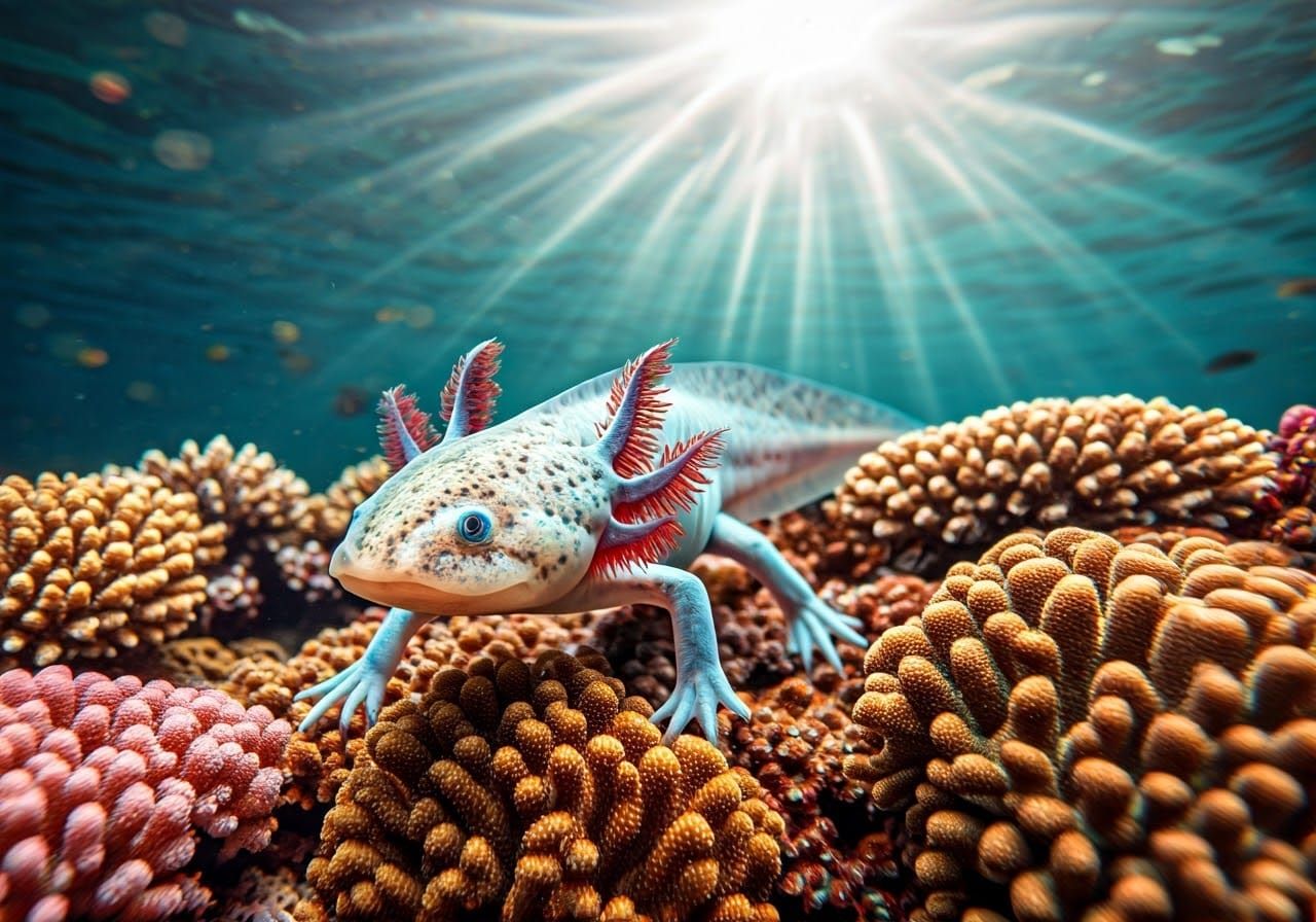 Axolotl in Vibrant Coral Reef