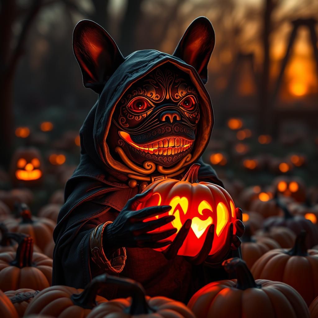 A figure resembling a French bulldog in a dark cloak holding...