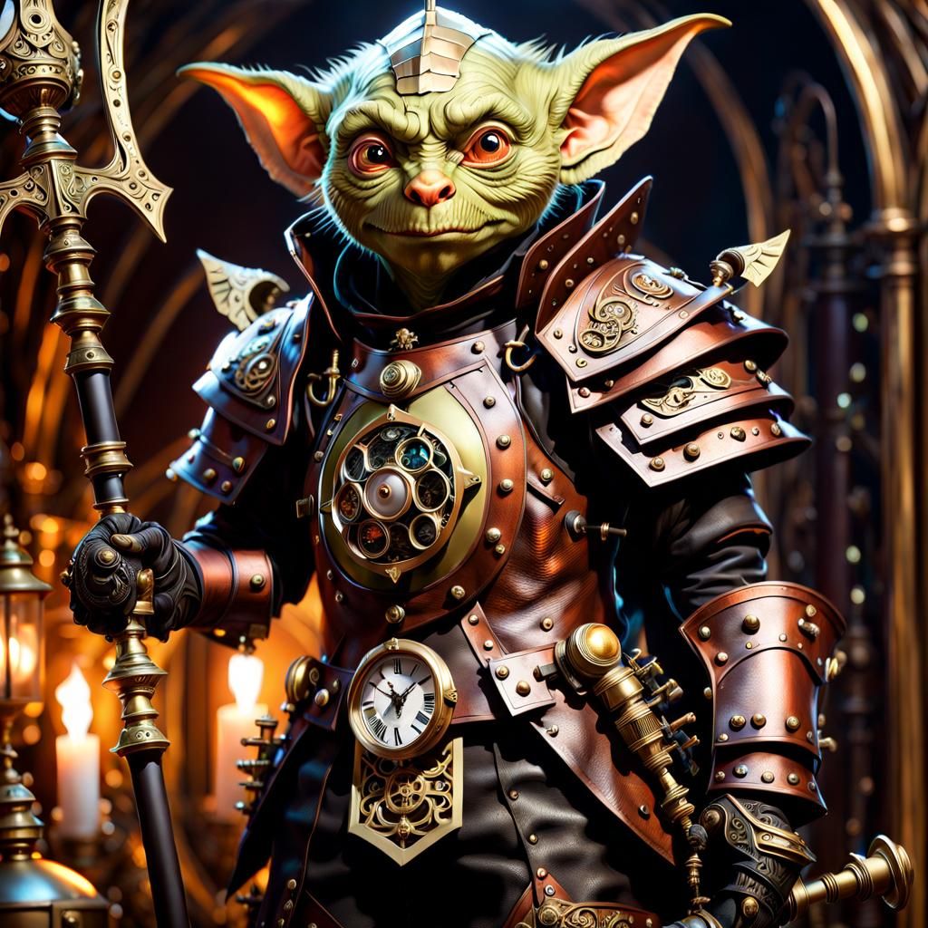 Steampunk Goblin Wielding Pike, Hyperrealistic Digital Art