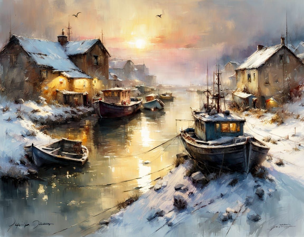 Winter Fishing Village Sunrise: Watercolor Painting