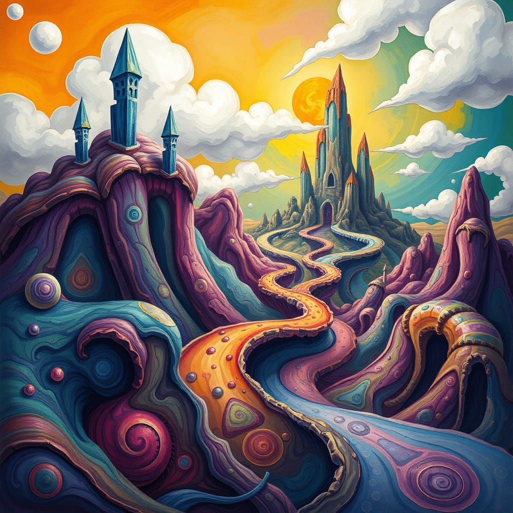 Dreamlike Surrealist Landscape with Whimsical Pathways and C...