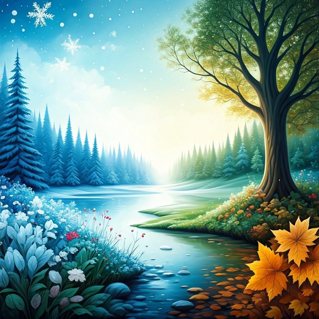Harmonious Seasons: A Vibrant Landscape of Winter, Spring, S...