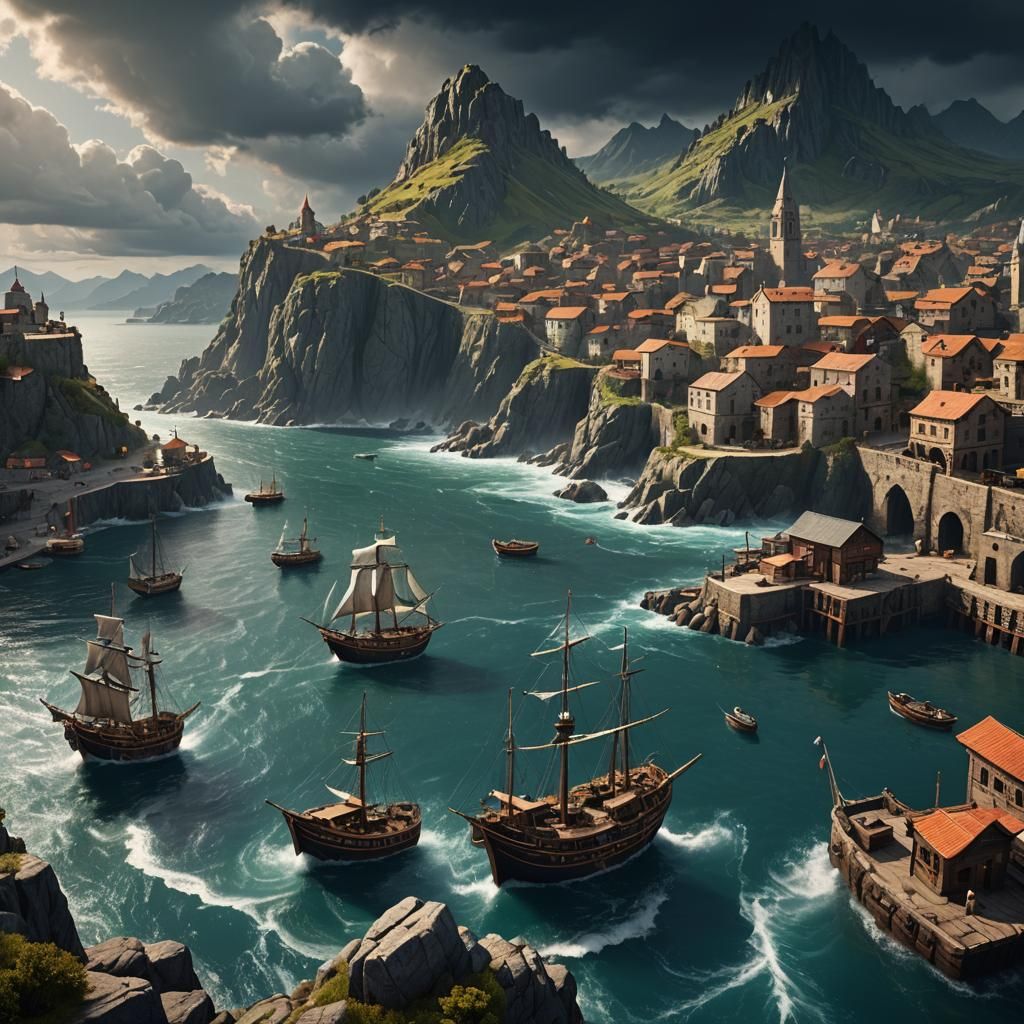 Picturesque Harbor Scene in Detailed Matte Painting
