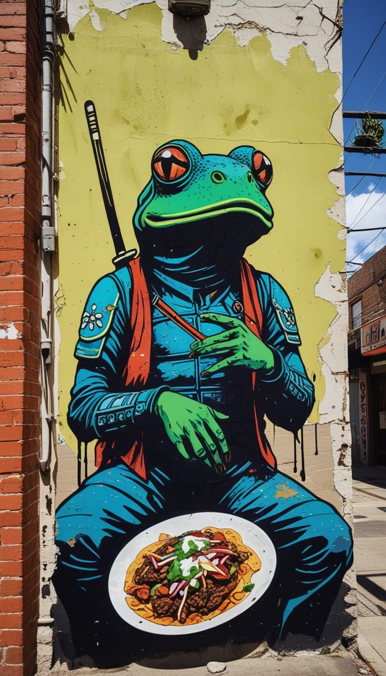 Vibrant Samurai Frogs Devour Tacos in Urban Alleyway