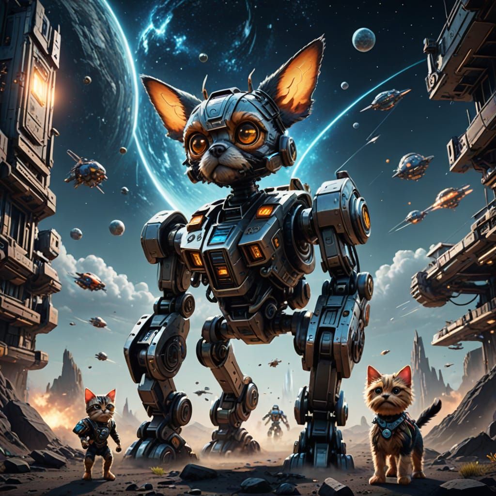 Whimsical Sci-Fi Robots With Pets Ascend Cosmic Sky
