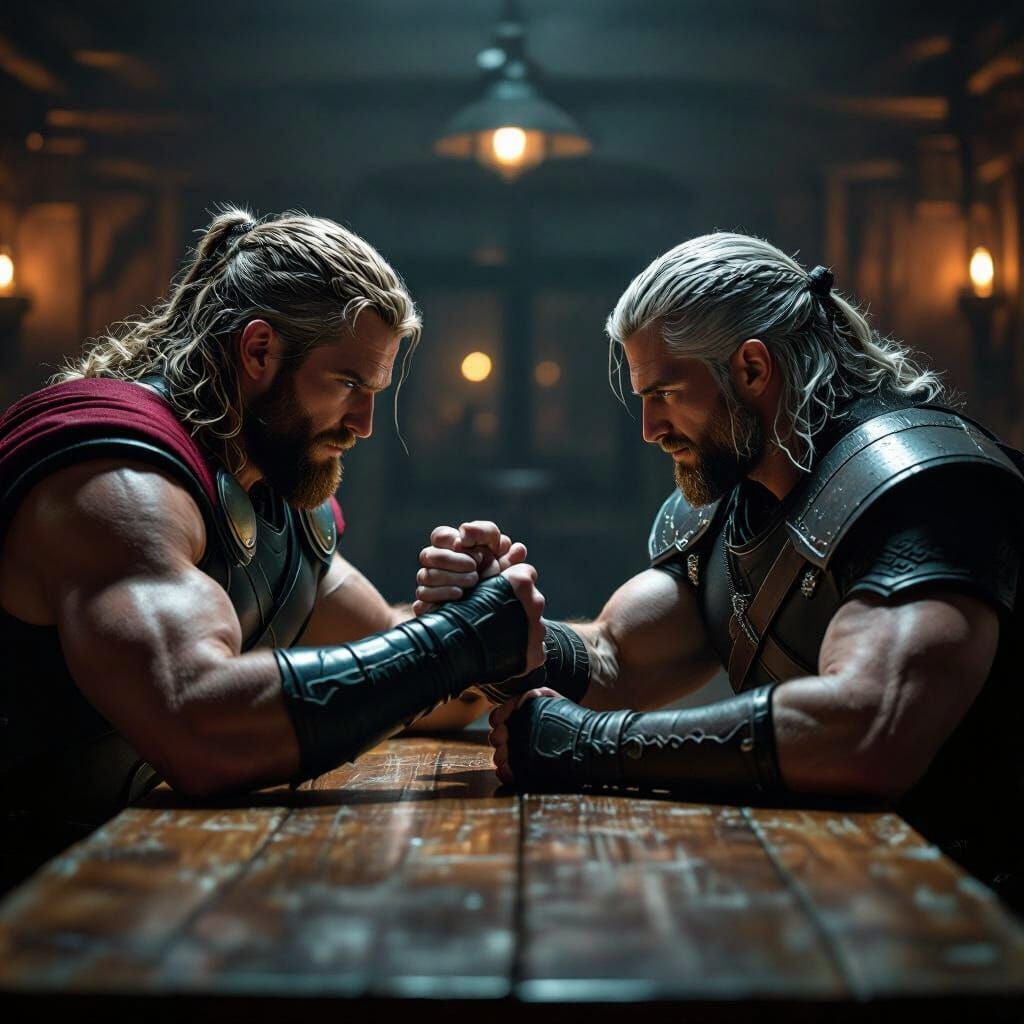 Thor and Geralt Arm Wrestling: Cinematic Film Still
